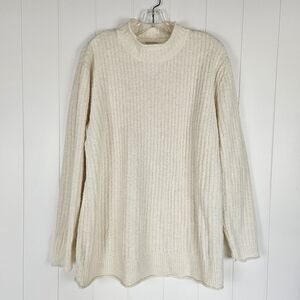 LL Bean Sweater Rolled Mock Neck Womens Ecru Cream Ribbed Long Fisherman XL